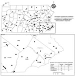 County map of Pennsylvania, USA, and the southeastern region (inset) showing locations of active tick surveillance, where Haemaphysalis longicornis ticks were recovered, and where Borrelia burgdorferi sensu stricto–positive H. longicornis ticks were found, May 1–September 6, 2019. Pennsylvania county map shows 38 counties sampled weekly and an additional 14 counties sampled opportunistically that yielded low tick recovery (Ixodes scapularis ticks only).