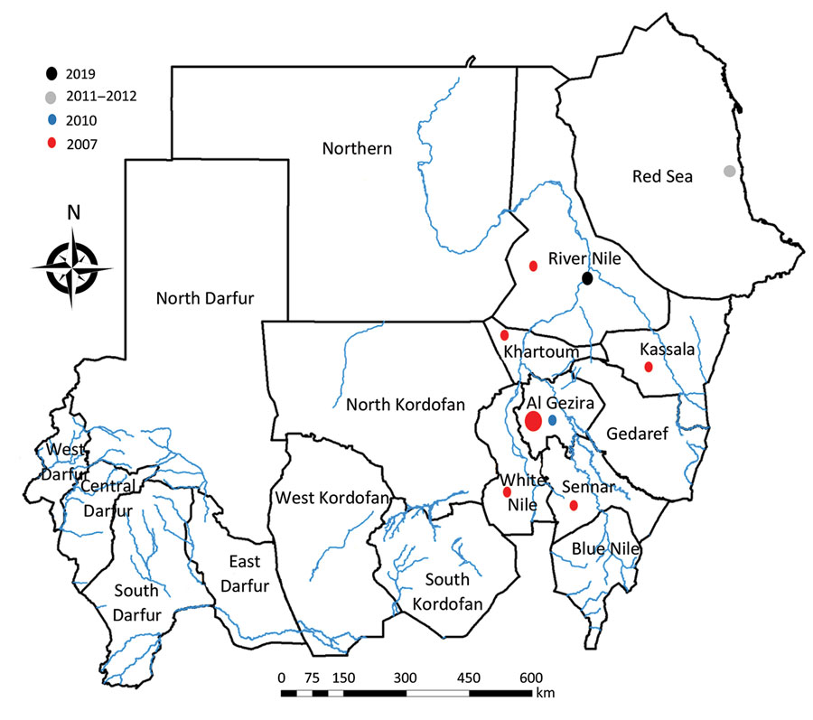 Distribution of Rift Valley fever outbreaks in Sudan, by year. 