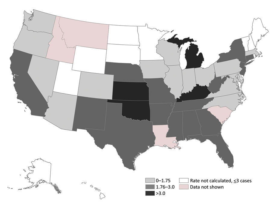 Average annual sporotrichosis rate per 1 million MarketScan enrollees, United States, 2012–2018. MarketScan (IBM, https://www.ibm.com) data are a subset of privately insured persons in the United States and are not necessarily representative of persons with other types of health insurance or of persons without insurance. To avoid potentially unreliable estimates, the rates for states with <3 cases were not calculated. MarketScan does not permit state-level analyses for certain states.