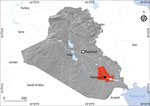 Study site (red) in Dhi Qar Governorate, Nasiriyah region, Iraq, from where serum and cerebrospinal fluid samples were collected from persons in rural and urban areas and screened for lymphocytic choriomeningitis virus.