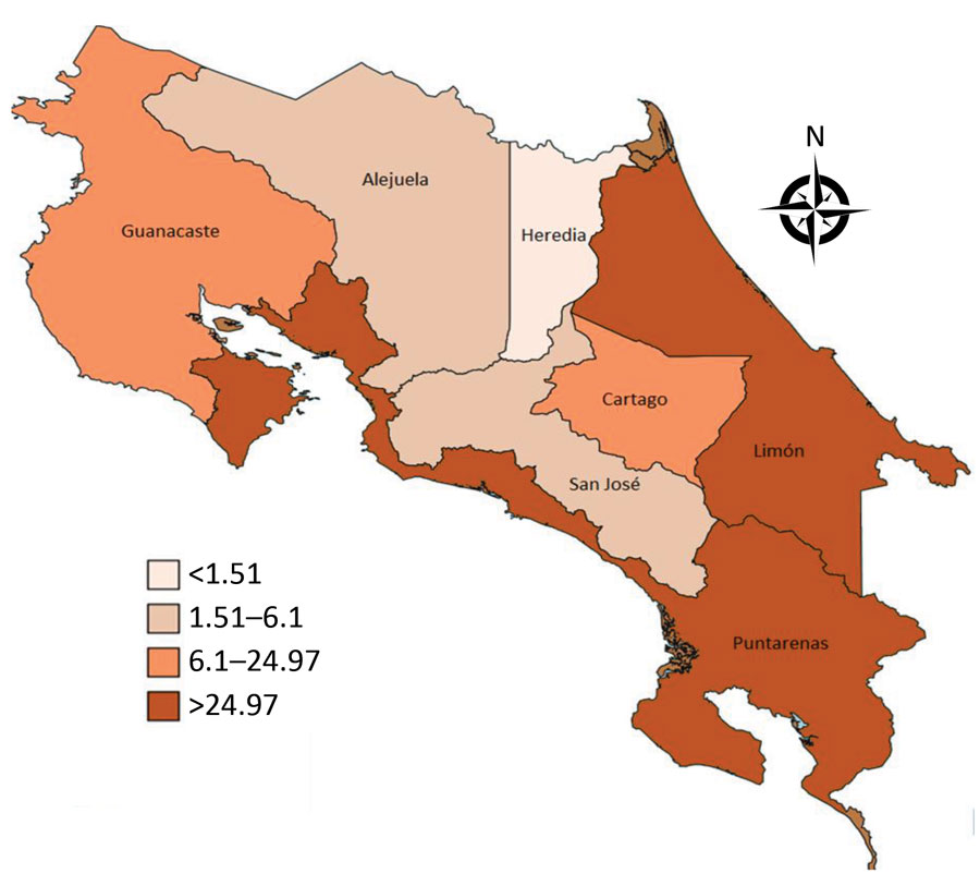 Prevalence of Zika-virus–associated birth defects (no. cases/100,000 live births), by province, Costa Rica, March 2016–March 2018. Cases are distributed by place of residence of the mother, not by place of birth. The 2 provinces in which prevalence of Zika virus–associated birth defects was highest (Puntarenas and Limón) are on the coast and have a humid tropical climate.