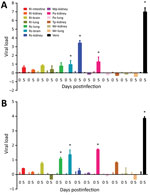 Thumbnail of Susceptibilities of 13 bat cell lines to infection by SARS-CoV (A) and SARS-CoV-2 (B) shown from harvest of supernatants and cell lysates at day 0 and 5 postinfection. Viral titers and β-Actin mRNA were determined by real-time quantitative reverse transcription PCR. Viral load is expressed as normalized fold change in log10. Error bars indicate SDs of triplicate samples. Bat cell lines are listed by species and organ. Vero cells served as controls. Asterisk (*) indicates p&lt;0.05 a