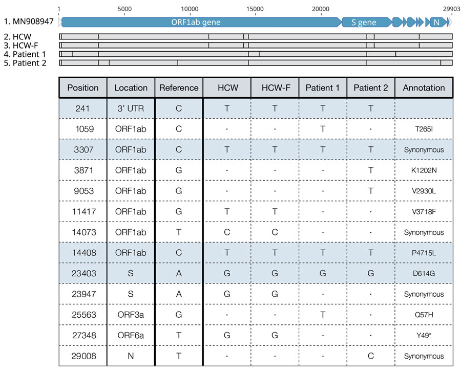 Severe acute respiratory syndrome coronavirus (SARS-CoV-2) consensus-level single-nucleotide variants (SNVs) from investigation of SARS-CoV-2 infection in HCW, Madison, Wisconsin, USA, 2020. The top alignment image depicts the SARS-CoV-2 genome for all persons evaluated in this investigation and highlights SNVs identified relative to the original SARS-CoV-2 reference isolate from Wuhan, China (GenBank accession no. MN908947.3). The table contains additional information about each of these SNVs. 