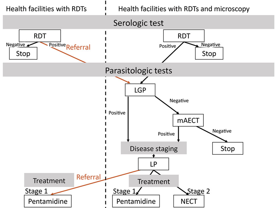 Diagnostic algorithm applied after a negative malaria test, persistent fever after malaria treatment, or symptoms suggestive of human African trypanosomiasis, Democratic Republic of the Congo. LGP, Lymph gland puncture; LP, lumbar puncture; mAECT, mini anion exchange centrifugation test; NEXT, nifurtimox/eflornithine combination therapy; RDT, rapid diagnostic test.