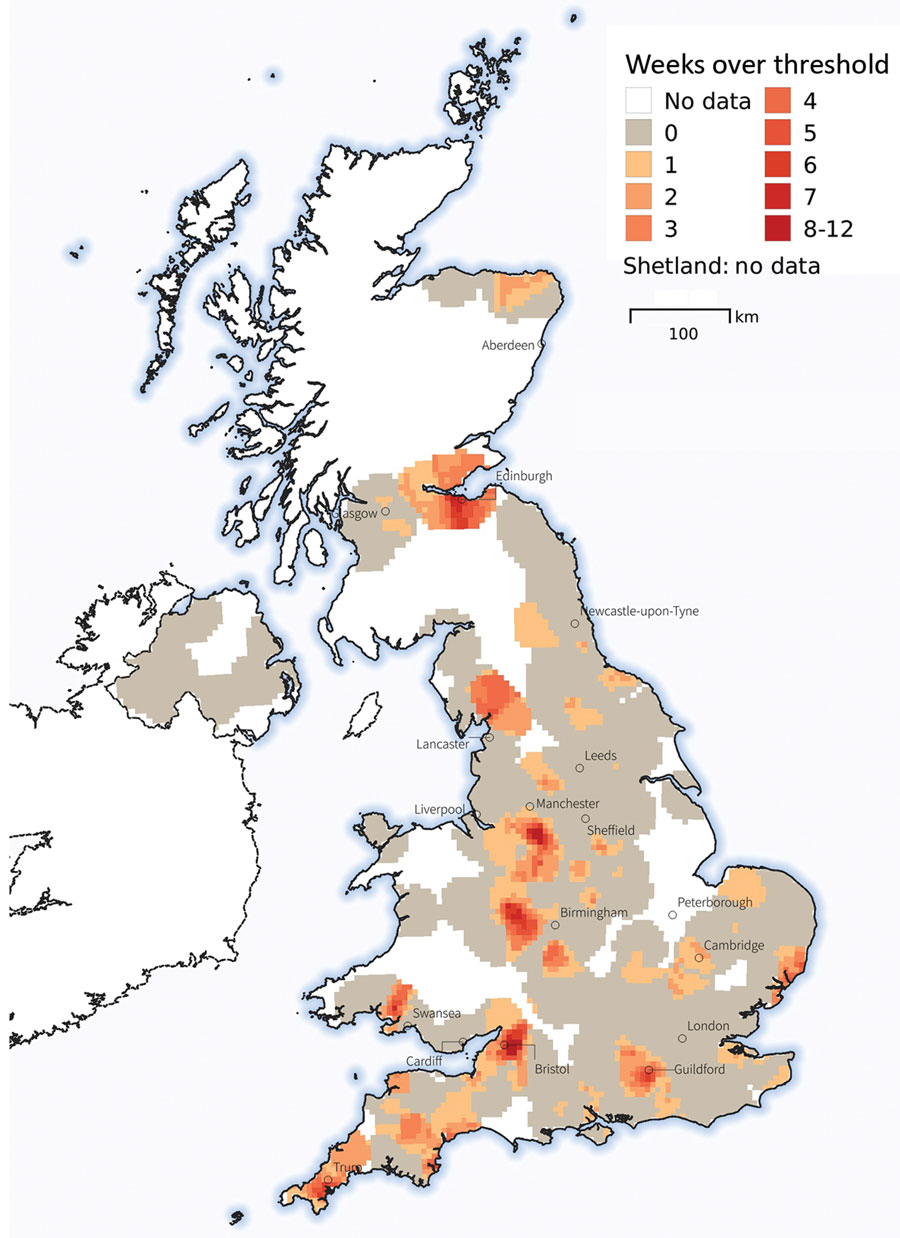 Rates of gastroenteric veterinary consults for dogs during November 4, 2019–March 21, 2020, in investigation of dogs with vomiting, United Kingdom. Consults were geolocated to owners’ postcodes, with gastroenteric main presenting complaint as a binary outcome (1 for gastroenteric consult, 0 for a nongastroenteric consult). Colored areas represent the number of weeks a given location had a 95% posterior probability of prevalence exceeding the national mean prevalence in any week. The geostatistical modeling approach used is further detailed in the Appendix.
