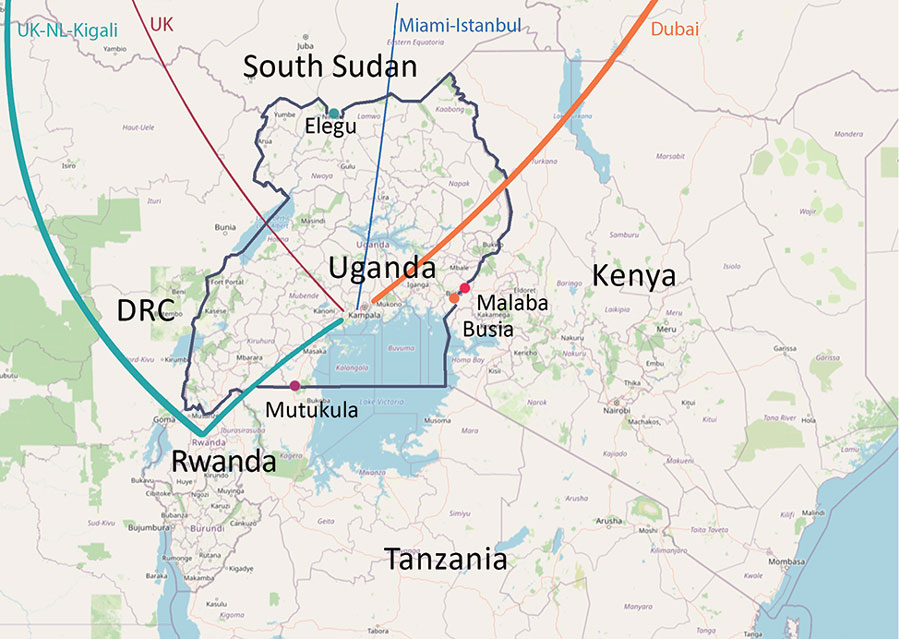 International flight routes of imported cases (colored lines) and the 4 main points of land entry into Uganda from Kenya, Tanzania, and South Sudan (colored dots).