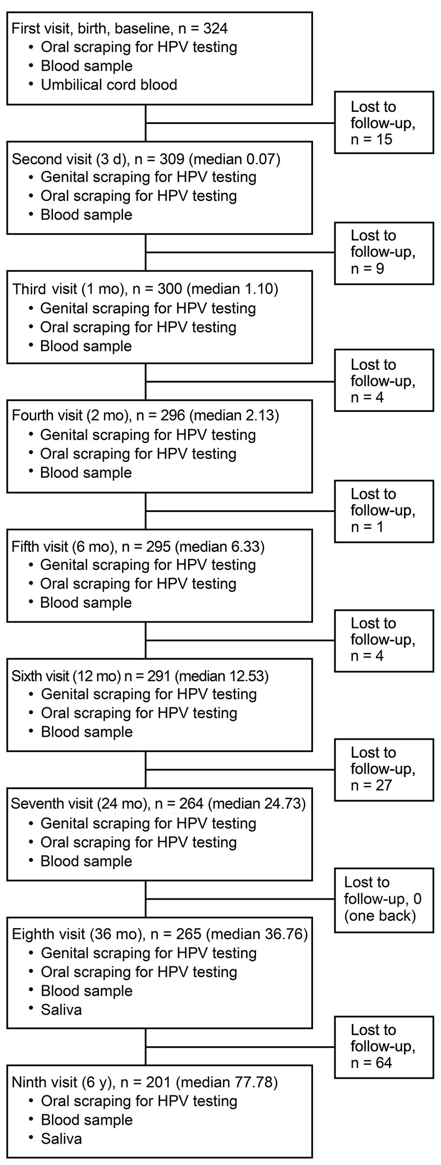 Oral HPV infection in 324 children in the Finnish Family HPV Study during the first 6 years of life. Each visit shows the number of children who participated in the specific follow-up, timeline of the visit, and samples obtained at each visit. HPV, human papillomavirus.