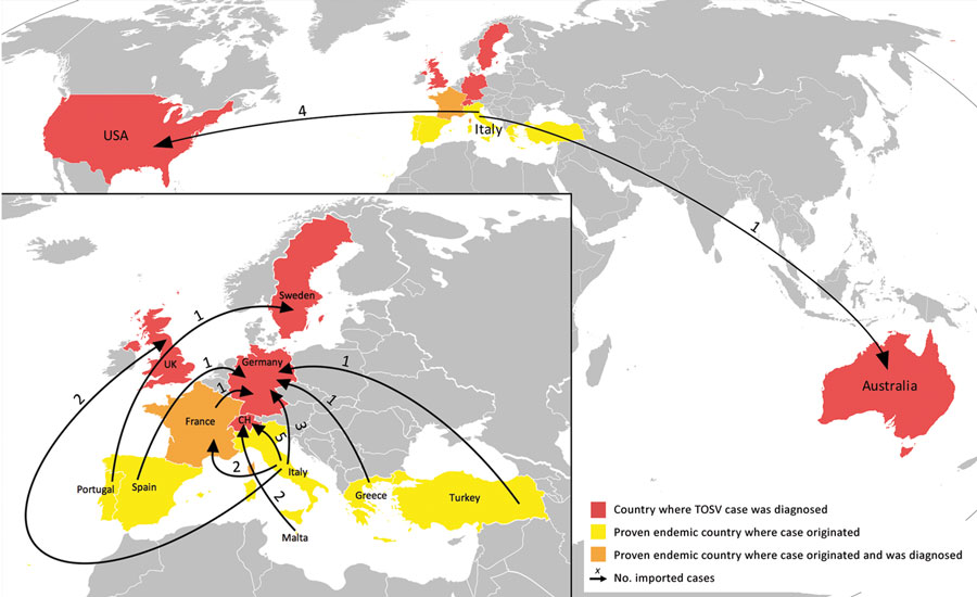 Geographic distribution of imported neuroinvasive cases of TOSV (n = 24) and countries of origin of infection. TOSV, Toscana virus.