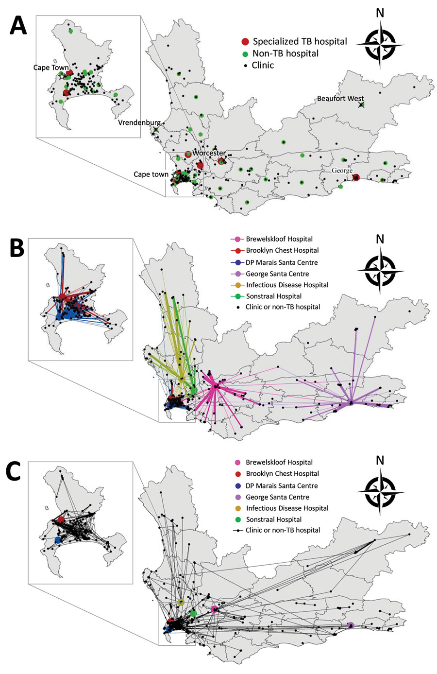 Healthcare facilities visited and movements between hospitals by patients in RR TB cohort, Western Cape Province, South Africa, 2012–2014. Inset maps show the Cape Town Metropole. A) All healthcare facilities visited <1 y after diagnosis. B) All movements made <1 y after diagnosis that involved TB hospitals. C) All movements made <1 y after diagnosis that did not involve a TB hospital. RR, rifampin-resistant; TB, tuberculosis.