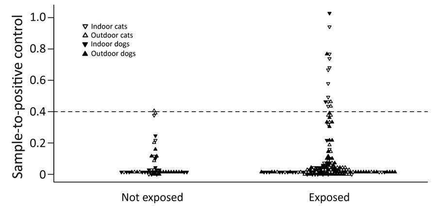 Distribution of sample-to-positive severe acute respiratory syndrome coronavirus 2 serology results among dogs and cats exposed and unexposed to positive owners, Italy, March–June 2020. Horizontal dashed line represents the positive-negative discriminatory cutoff. 