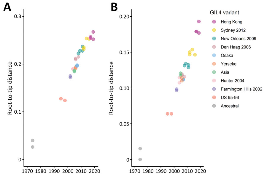 Root-to-tip distance plots of the major capsid protein nucleotide (A) and amino acid (B) sequences of norovirus GII.4 variants. Distance from best-fitting root was calculated using the corresponding maximum-likelihood phylogenetic tree shown in Figure 1. Each circle represents 1 strain color-coded by GII.4 variant; darker shades of color indicate >2 strains of the same variant. R2 values indicate the linearity of the accumulation of virus mutations over time; for nucleotide sequences, R2 = 0.9691, and for amino acid sequences, R2 = 0.9362. An identical set of sequences were used in phylogenetic inference and root-to-tip distance estimation.