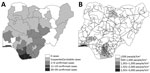 Monkeypox in Nigeria and factors affecting spread. A) Case distribution by state, September 2017–September 2020. B) Population density by state in 2016 (gray shading) and nationwide road network in 2018 (black lines)