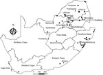 Locations of bat collection sites, South Africa, 2003–2018. Circles indicate collection sites, squares indicate sites with lyssavirus-positive bats, and triangles indicate capitals.