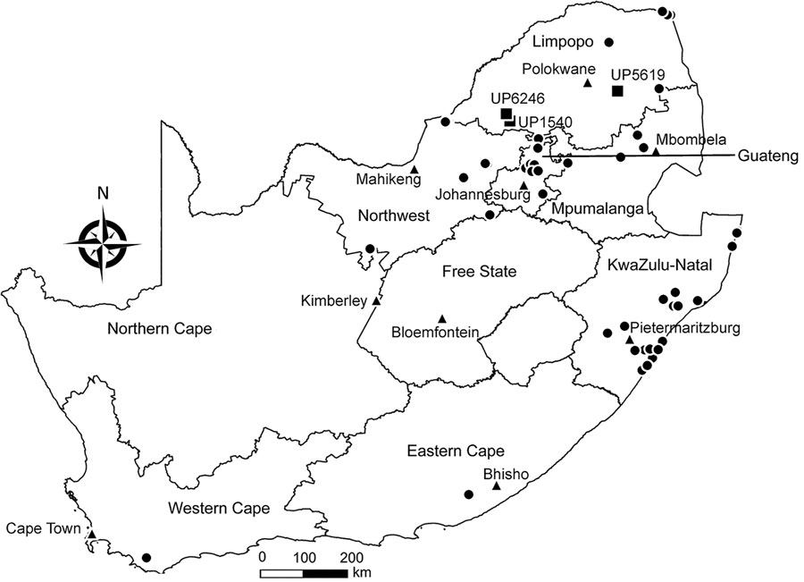 Locations of bat collection sites, South Africa, 2003–2018. Circles indicate collection sites, squares indicate sites with lyssavirus-positive bats, and triangles indicate capitals.