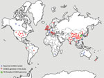Distribution of CC4821 Neisseria meningitidis isolates worldwide. CC4821 isolates were identified in China and in 19 countries of Europe, Africa, North America, South America, Oceania, and Asia. CC, clonal complex.