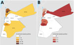 Seroprevalence of Crimean-Congo hemorrhagic fever (A) and Rift Valley fever (B) in ruminants, by province, Jordan, 2015–2016.