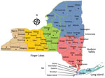 Counties in New York, USA, in which Cache Valley virus was studied during 2000‒2016 (https://www.health.ny.gov/statistics/cancer/registry/images/nycounty). Asterisks (*) indicate counties in which samples positive for Cache Valley virus were collected. NA, counties not included in data; NT, counties not tested for Cache Valley virus.