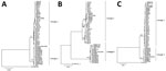 Phylogenetic analysis of Cache Valley virus, New York, USA, 2000‒2016. Maximum-likelihood phylogenetic trees show complete nucleotide sequences of small (A), medium (B), and large (C) genome segments. Numbers at nodes indicate boostrap support estimated by using 500 neighbor-joining replicates. Trees were rooted to Fort Sherman virus small, medium, and large genome segments (GenBank accessions nos. KX100130, KX100131, and KX100132). Scale bars indicate nucleotide substitutions per site.