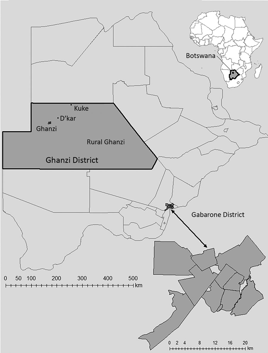Catchment areas for population-based geospatial and molecular epidemiologic study of tuberculosis transmission dynamics, Botswana, 2012–2016 (Kopanyo Study). The 2 catchment areas are outlined in black. The neighborhoods within the Gaborone district (A–K, enlarged at bottom right) and Ghanzi district (W, DK, KU, and Y) are shown in gray. Inset map shows location of Botswana in Africa.