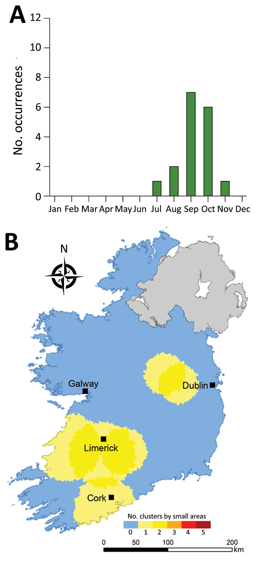 Monthly distribution of space-time clusters (A) and cluster recurrence index (0–5) within census small areas (B) for confirmed primary Shiga toxin–producing Escherichia coli (STEC) enteritis cases caused by STEC serogroup O157, Ireland, 2013–2017.