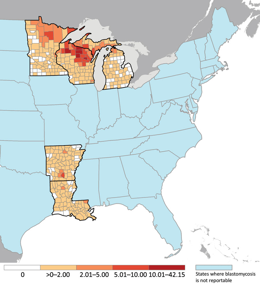 Mean annual county-specific incidence (no. cases/100,000 population) among 5 states in which blastomycosis is reportable, United States, 1987–2018. Cases reported during 2018 in Arkansas and Louisiana were excluded because data were not available for the entire year.