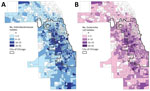 Number of Enterobacteriaceae (A) and Escherichia coli (B) isolates collected from patients in the Cook County Health healthcare system, by Cook County census tract, Illinois, USA, 2016–2018.