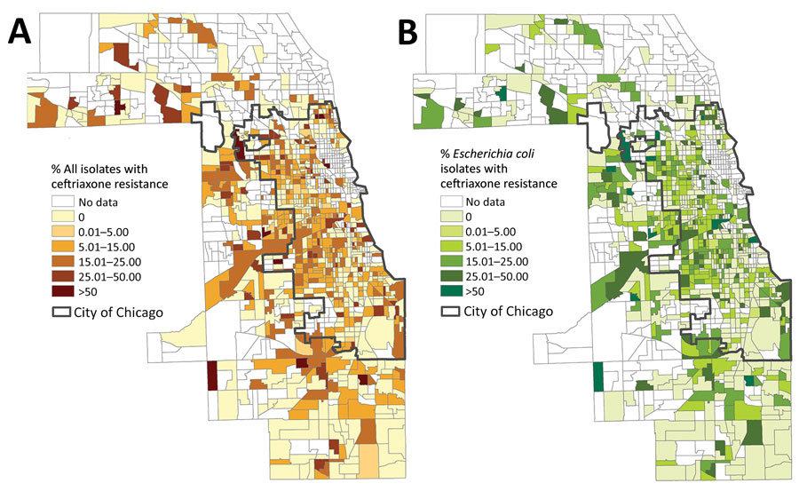 Percentage of ceftriaxone-resistant Enterobacteriaceae (A) and Escherichia coli (B) isolates collected from patients in the Cook County Health healthcare system, by Cook County census tract, Illinois, USA, 2016–2018.