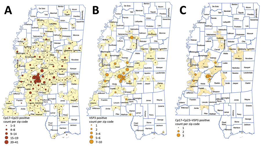 Places of residence of participants with antibody levels suggesting prior exposure to Cryptosporidium spp. Cp17 and Cp23 (n = 538) (A), Giardia duodenalis VSP3 (n = 111) (B), and Cryptosporidium spp. Cp17 and Cp23 and Giardia duodenalis VSP3 (combined) (n = 38) (C), Mississippi, USA. All serologic assays were performed using MAGPIX multiplex recombinant antigen beads (ThermoFisher, https://www.thermofisher.com) on convenience serum samples collected at the University of Mississippi Medical Center (Jackson, MS, USA) during October 28, 2017–March 29, 2018. Only those samples confirmed by a subsequent S. stercoralis crude L3 larval antigen (CrAg) ELISA are included.