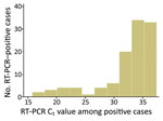 Distribution of real-time RT-PCR Ct values among craft and manual workers identified as real-time RT-PCR positive for severe acute respiratory syndrome coronavirus 2, Qatar. Ct, cycle threshold; RT-PCR, real-time reverse transcription PCR.