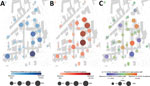 Spatiotemporal trajectories of severe acute respiratory syndrome coronavirus 2‒infected patients and staff mobility in university hospital, Munich, Germany. A) Cumulative representation of proportions of seropositive staff. B) Cumulative representation of proportions of COVID-19-patients. C) Differences (Δ) for staff and patients between different hospital areas. Difference are indicated by dot plots and assigned to distinct hospital areas. For purposes of discretion of data from study participants, the graphic representation of spatial information is partially distorted. Dashed lines indicate COVID-19‒designated areas in the hospital. 