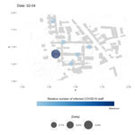 Time lapse of relative proportions of all trajectories for coronavirus disease (COVID-19) cases. Proportions in distinct hospital locations were normalized by all timeframes during February 1‒May 29, 2020. Some patients who later tested positive for severe acute respiratory syndrome coronavirus 2 were already in the hospital before March 6, 2020, and are therefore visualized starting February 1.