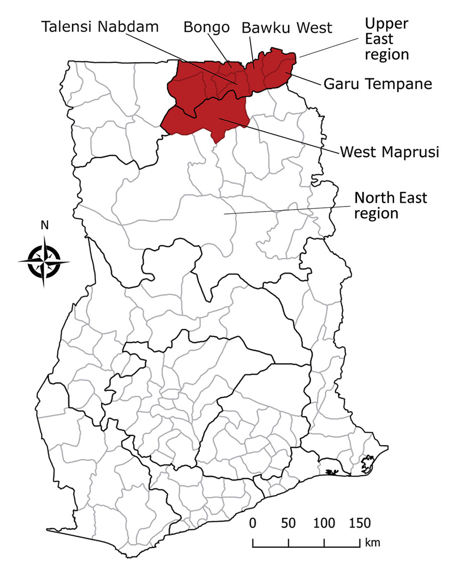 Districts in northern Ghana reporting human anthrax case and mortality data during 2005–2016.