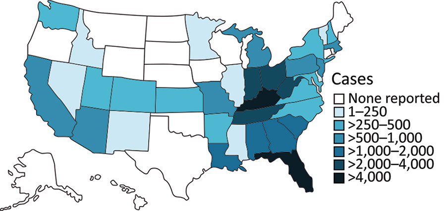Geographic distribution of CDC-reported HAV outbreak cases, United States, as of February 2021, showing state-reported HAV outbreak cases as listed on the CDC website for the current outbreak since August 2016 (7). Outbreak-associated status is determined at state level in accordance with the respective outbreak case definition for each state. Therefore, HAV cases not classified as outbreak-associated are probably not captured in CDC data. CDC, Centers for Disease Control and Prevention; HAV, hepatitis A virus.   