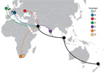 Countries of travel origins for 7 passengers who tested positive for severe acute respiratory syndrome coronavirus 2 infection after traveling on the same flight (EK448) from Dubai, United Arab Emirates, to Auckland, New Zealand, with a refueling stop in Kuala Lumpur, Malaysia, on September 29, 2020. Asterisks indicate where 6 other genetically identical genomes have been reported (5).