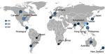 Countries participating in NoroSurv, December 2016–August 2020. Shades of blue and size of circles indicate the number of genetic sequences included from each country.