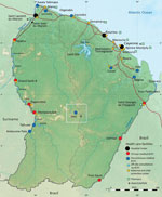 Locations of the town of Saül and 17 remote centers for prevention and care in French Guiana. Black circles: hospital centers; red circles: 24-hour remote centers for prevention and care; dark blue circles: remote centers for prevention and care (not 24-hour); light blue circles: off-site consultations with remote center for prevention and care; orange circles: maternal and child protection centers. Source: Dr. Elise Martin, Centre Hospitalier de Cayenne, French Guiana.