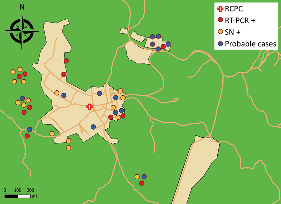 Spatial distribution of patient settlement around the town of Saül, French Guiana, and results of biologic testing for Oropouche virus by testing method. Geolocation is approximate to preserve patient anonymity. For probable cases (N = 18), samples were not taken. Green area, rainforest; light orange area, main districts of Saül; dark orange lines, forest trails. RCPC, remote centers for prevention and care; RT-PCR+, diagnosed with real-time PCR alone (N = 11); SN+, diagnosed with seroneutralization alone (N = 12).