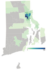 Geographic distribution of 498 persons tested for severe acute respiratory syndrome coronavirus 2 by Rhode Island Public Health Institute staff, Rhode Island, USA, June 8–August 8, 2020. Color scale indicates number of persons tested by ZIP code. Five patients had unknown ZIP codes and 16 were from out of state.