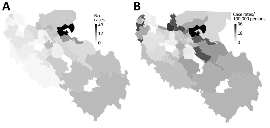 Geographic location of first 200 confirmed coronavirus disease cases, by case-patient’s ZIP code area of residence (for those areas with >2,000 residents), Santa Clara County, California, USA, January 31–March 20, 2020. A) No. cases; B) case rate (cases/100,000 population).