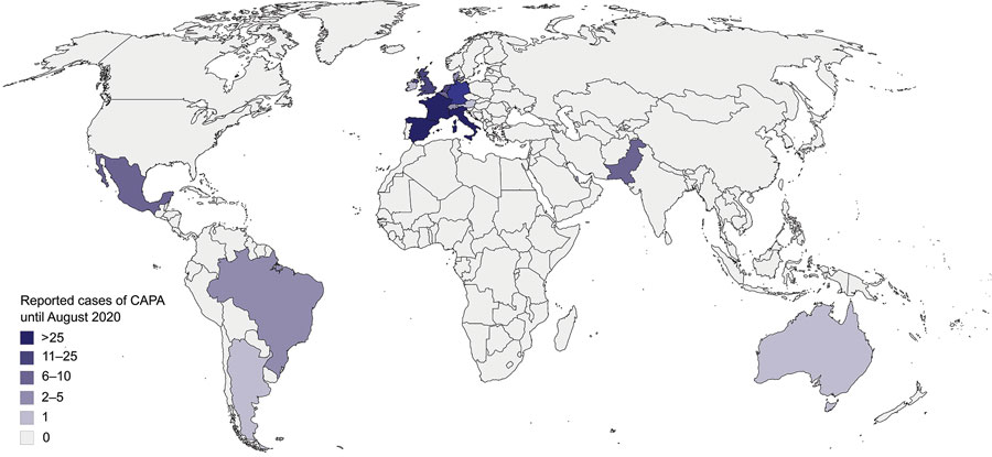 Global distribution of the 186 CAPA patients reported in the literature and FungiScope registry, March–August 2020. In total, 39 patients were from France, 36 from Italy, 26 from Spain, 23 from Germany, 14 from the Netherlands, 11 from the United Kingdom, 9 from Pakistan, 8 from Belgium, 6 from Mexico, 3 from Brazil, 3 from Switzerland, 2 from Denmark, 2 from Qatar, 1 from Argentina, 1 from Australia, 1 from Austria, and 1 from Ireland (Appendix Table 8). CAPA, COVID-19–associated pulmonary aspergillosis; COVID-19, coronavirus disease.