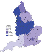 Cases of coronavirus disease in incarcerated persons, England, March 16–October 12, 2020. Dots indicate prison locations. Shading indicates density of cases by Public Health England center.
