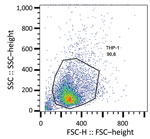 Scatter plot representing gating strategy for identifying monocytes in the FSC-H versus SSC-H analysis of methicillin-resistant Staphylococcus aureus isolates, Rio de Janeiro, Brazil, 2014–2017. Representative flow cytometry chart shows the acquisition of THP-1 cells not exposed to methicillin-resistant Staphylococcus aureus. FSC-H, forward scatter height; SSC-H, side scatter height.