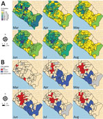 Severe acute respiratory syndrome coronavirus 2 test positivity, Orange County, California, USA, July–August 2020. A) Test positivity at ZIP code level by month. B) Results from tests of statistical clustering (based on LISA statistics [24]). LISA, local indicators of spatial autocorrelation.