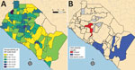 Severe acute respiratory syndrome coronavirus 2 seropositivity, Orange County, California, USA, July–August 2020. A) Seropositivity at ZIP code level. B) Results from tests of statistical clustering (based on LISA statistics [24]). LISA, local indicators of spatial autocorrelation.