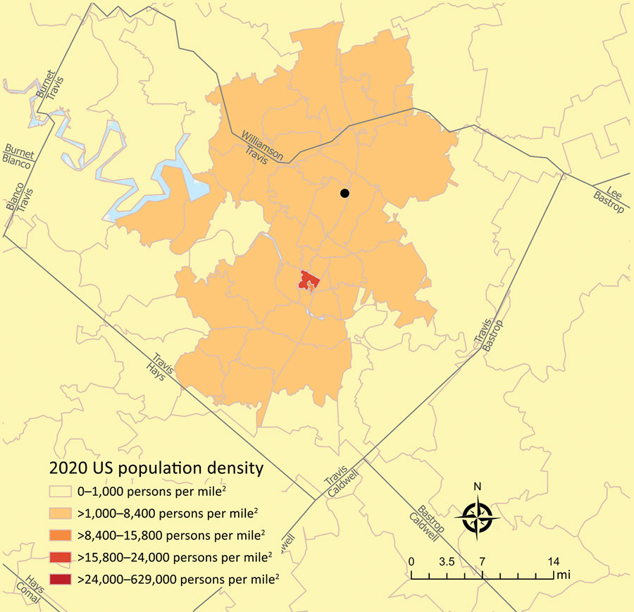 Suspected Borrelia exposure site within city limits for a patient in Austin, Texas, USA. The patient’s suspected exposure location (black circle, Walnut Creek Metropolitan Park) was overlayed on a population density by ZIP code map. County boundaries are displayed as gray lines. Population density data was sourced from Esri's U.S. Updated Demographic (2020/2025) Data (https://www.esri.com). 