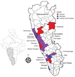 Hotspot areas for human cases and monkey deaths attributable to Kyasanur Forest disease, India,1957–2020. Inset map shows the region in context of the Indian subcontinent.