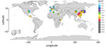 Genotype and origin of Mycoplasma pneumoniae genome data compared in study of global genome diversity and recombination. Pie charts indicate number of isolates in indicated countries. Detailed information regarding each sample is provided in Appendix 1 Table 1. MLST, multilocus sequence typing; ST, sequence type. 