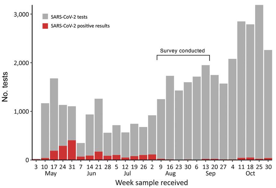Number of weekly SARS-CoV-2 tests and infections reported in Juba, South Sudan, May 3–October 30, 2020. The survey of seroprevalence of SARS-CoV-2 IgG was conducted August 10–September 11. First coronavirus disease case in South Sudan was identified on April 2 and confirmed on April 4, 2020 (23). SARS-CoV-2, severe acute respiratory syndrome coronavirus 2.