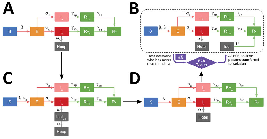 Sequential compartmental models corresponding to the 4 phases of the coronavirus disease outbreak response at Pacific Garden Mission, a homeless shelter in Chicago, Illinois, USA, 2020. A) Phase 1: prescreening (March 14–March 30); B) phase 2: symptom screening (March 30 – April 5) and temporary isolation; C) phase 3: hotel opening with continued symptom screening (April 5–8); D) phase 4: mass reverse transcription PCR testing rounds and isolation units (April 8–May 11). Corresponding description of compartments, systems of ordinary differential equations, and parameter descriptions are described in detail in the Appendix. E, Exposed; hosp, hospital; I, infectious; isol, isolation; R, recovered; S, susceptible