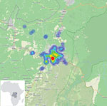 Beni Health zone with sites of Ebola virus disease sample collection for study on postmortem surveillance for Ebola virus using OraQuick (OraSure Technologies, Inc., https://www.orasure.com) Ebola rapid diagnostic tests, eastern Democratic Republic of the Congo, 2019–2020. The numbers and the geolocation rapid diagnostic testing are provided in heatmaps from blue (fewer cases) to red (most cases). Most of the cases were from the health care facilities in Beni township. Inset shows location of the Beni Health zone in the Democratic Republic of the Congo and in Africa.